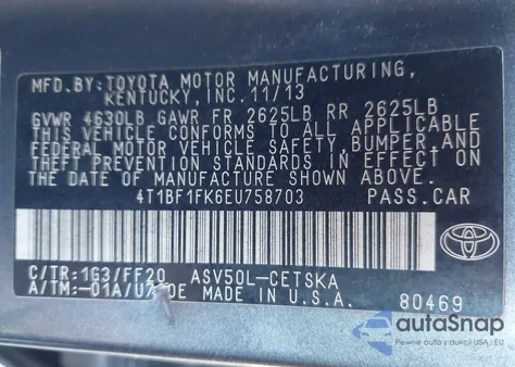 2014 Toyota Camry Se z USA, uszkodzony, nr VIN 4T1BF1FK6EU758703